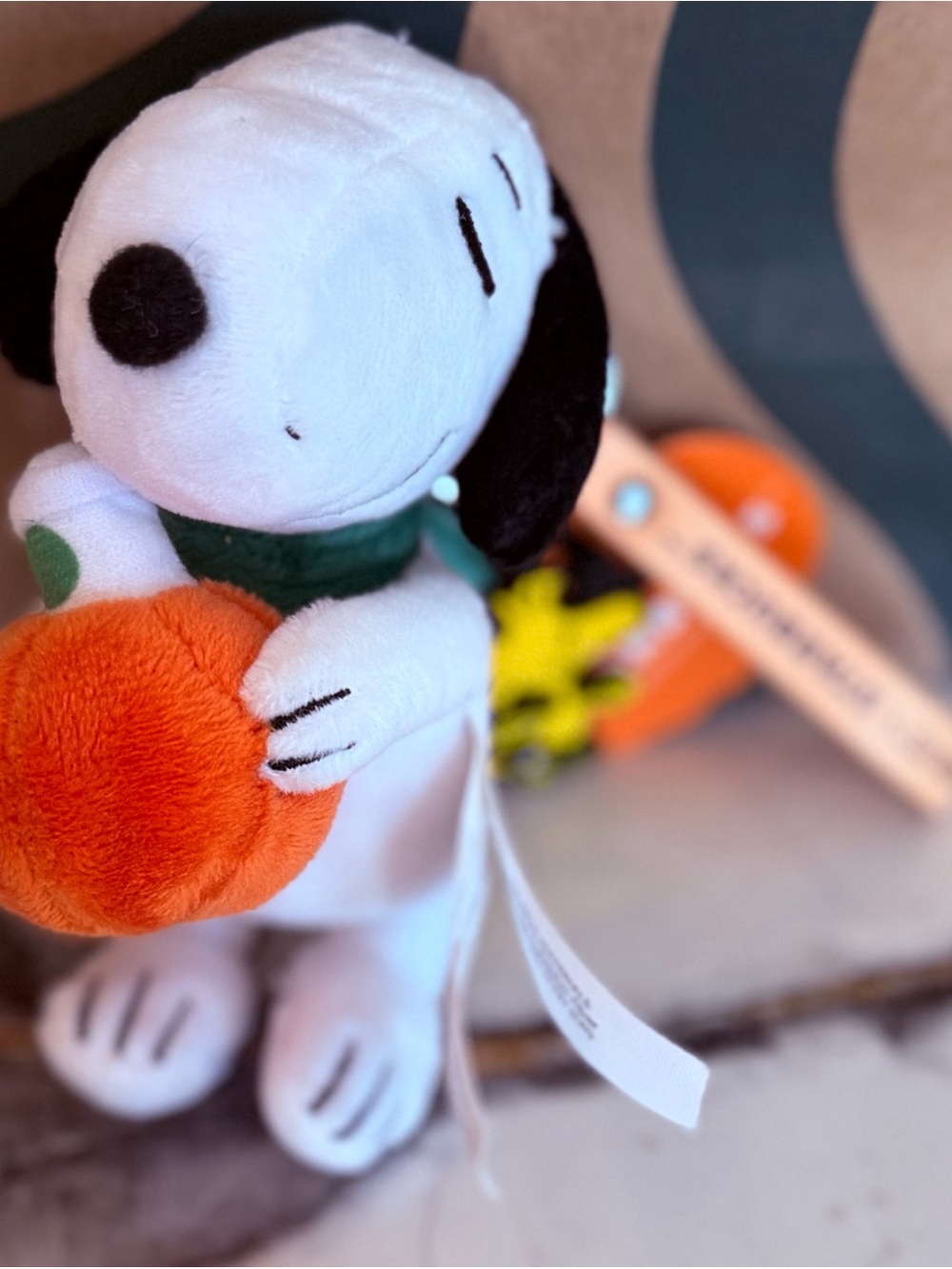 Starbucks Snoopy Plush Holding Orange Pumpkin - White, Black, Orange, Green